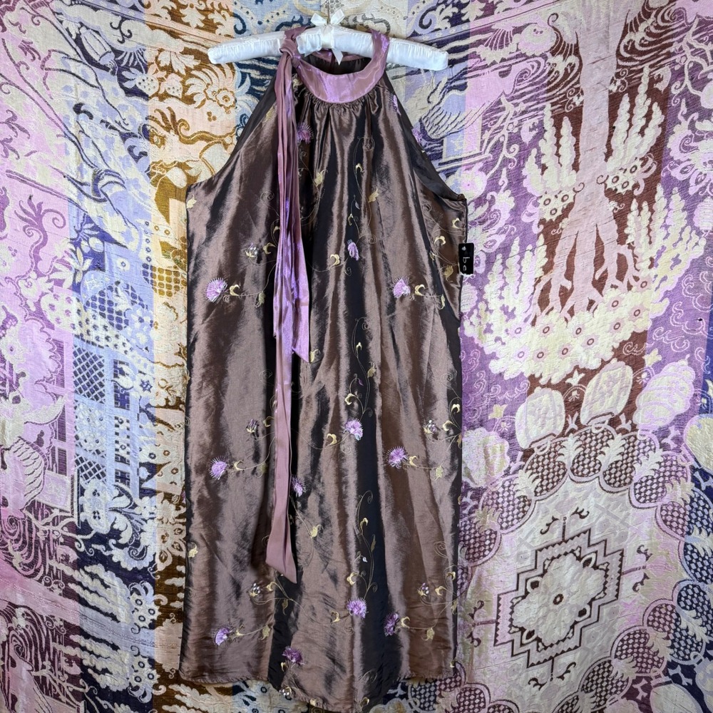 NWT Brown Embroidered Whimsy Boho Chic Purple Neck Tie Shift Dress Size L